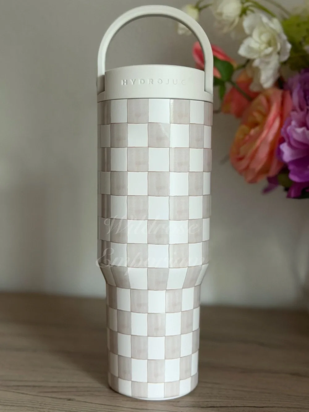 HydroJug SANDSTONE Tan Watercolor Checkers LIMITED SPORT TRAVELER Tumbler Cup